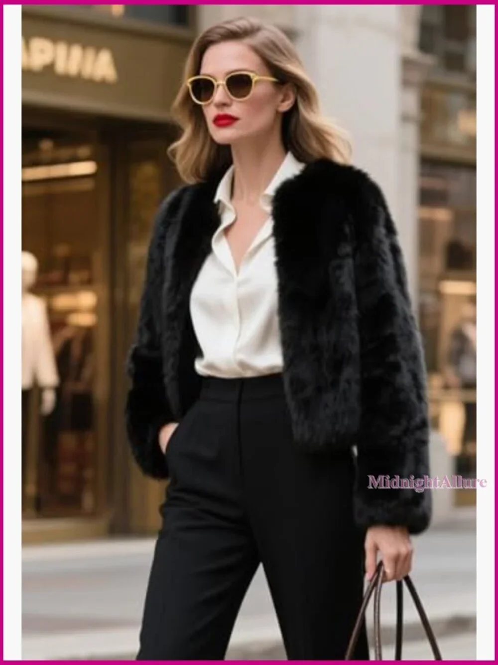 Cropped Faux Fur Jacket with Pockets, Long Sleeve, Winter Coat